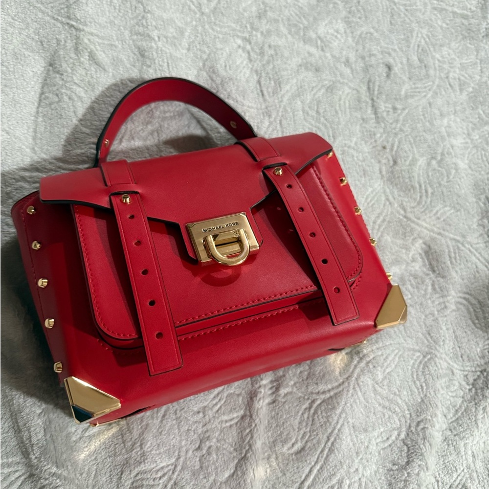 Michael Kors Red and Gold Satchel with Structured Design